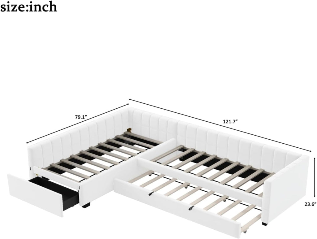 Beige L-Shaped Twin Daybed Trundle Storage Drawer