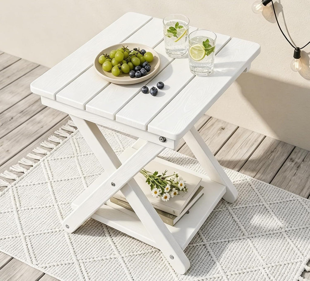 Two-Tier White HDPE Outdoor Folding Side Table