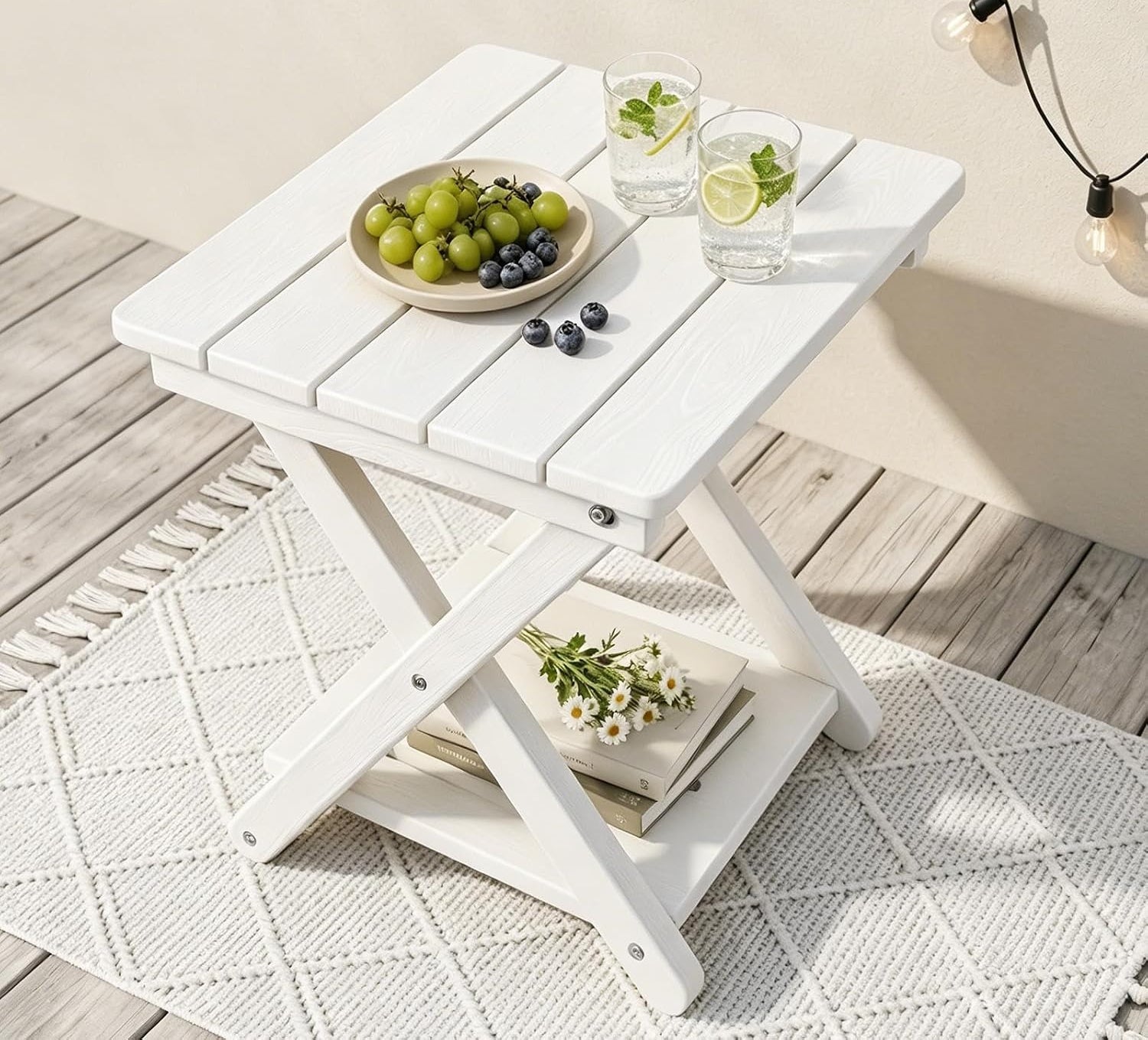 Two-Tier White HDPE Outdoor Folding Side Table