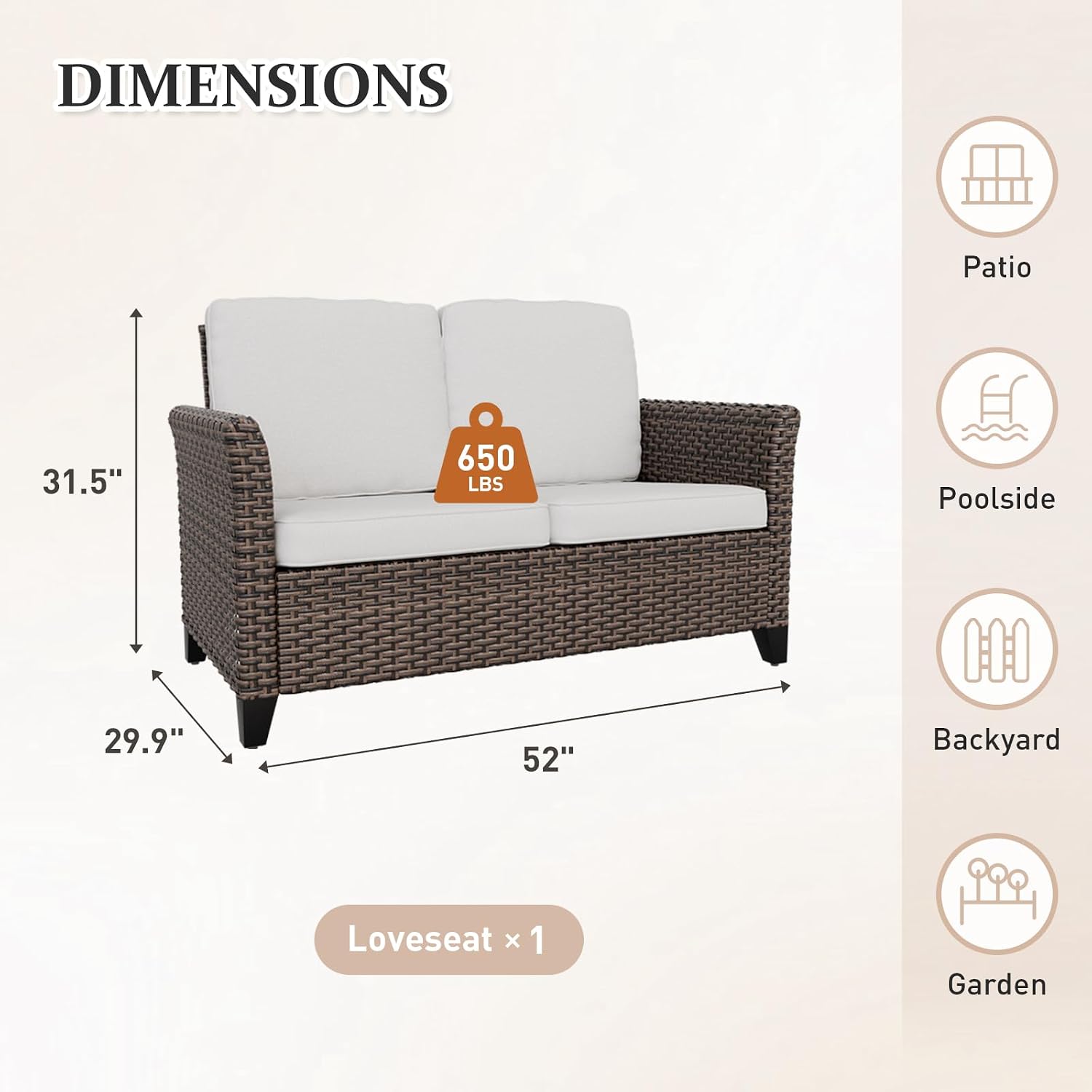 Brown Beige Wicker Loveseat Deep Patio Cushions