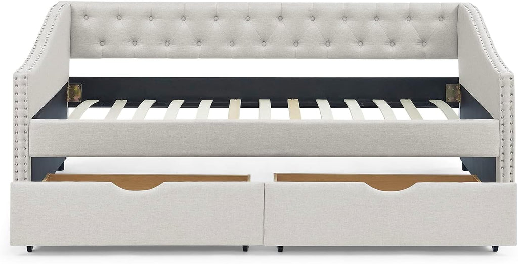 Beige Upholstered Twin Daybed Two Storage Drawers