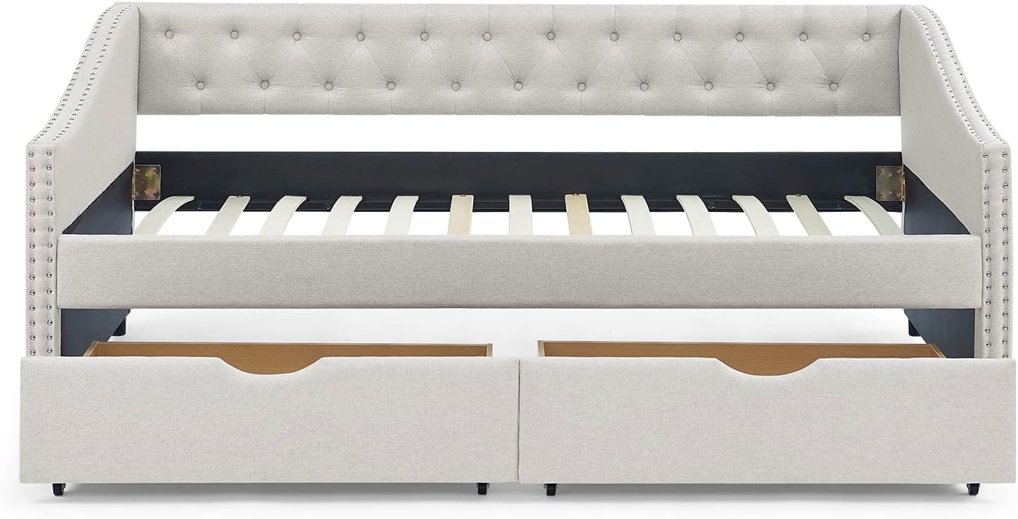 Beige Upholstered Twin Daybed Two Storage Drawers