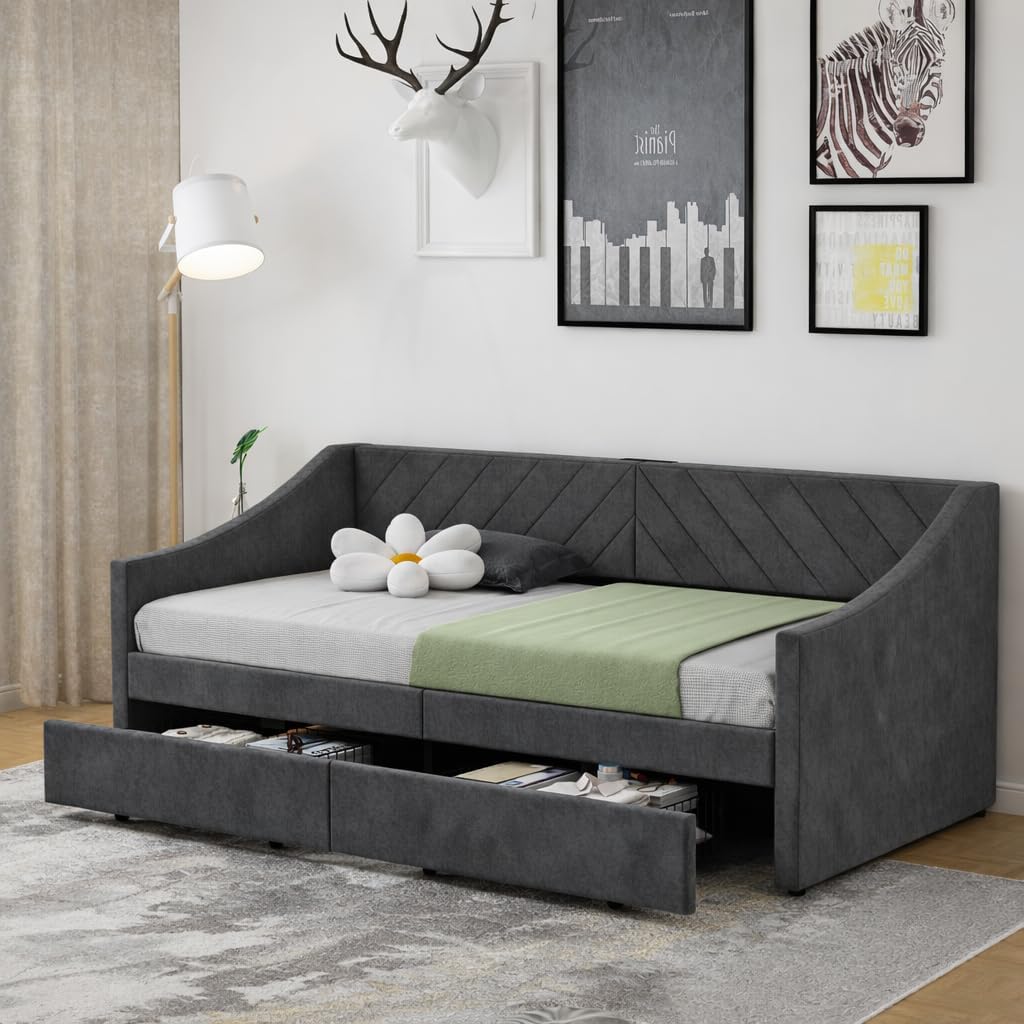 Dark Grey Leatherair Twin Daybed Two Storage Drawers