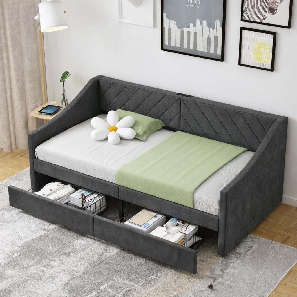 Dark Grey Leatherair Twin Daybed Two Storage Drawers