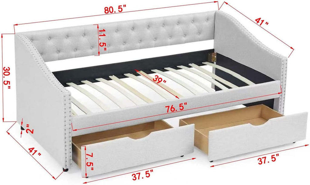 Beige Upholstered Twin Daybed Two Storage Drawers