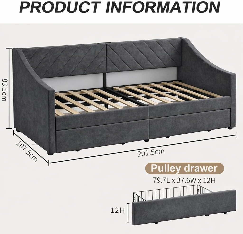 Dark Grey Leatherair Twin Daybed Two Storage Drawers