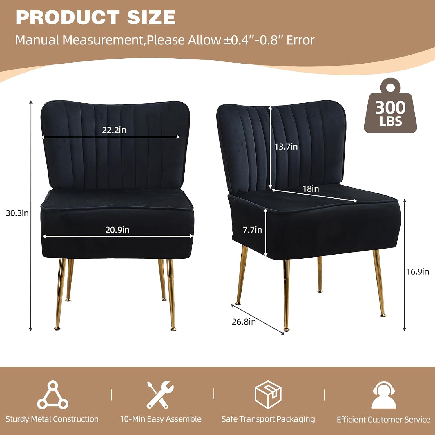 Black Velvet Accent Chairs 2 Pack Gold Metal Legs
