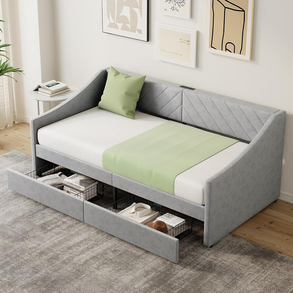 Upholstered Twin Daybed Drawers Charging Station
