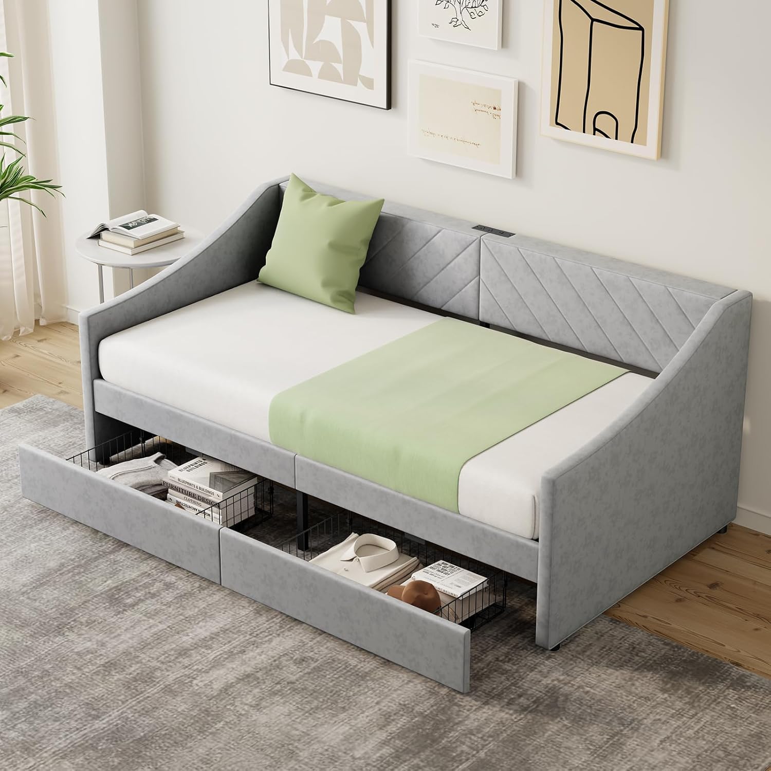 Upholstered Twin Daybed Drawers Charging Station