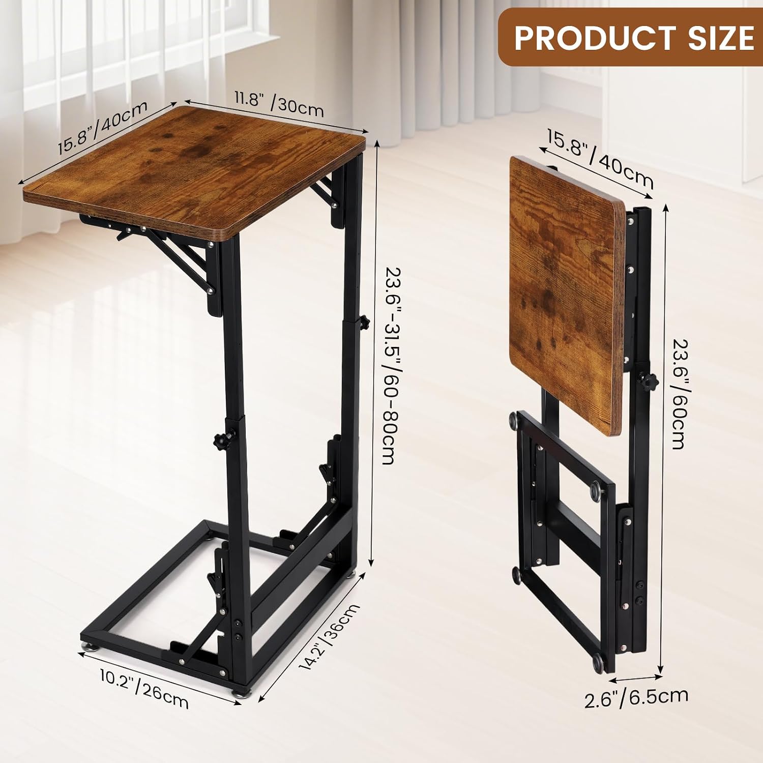 Adjustable C-Shaped Folding Side Table Brown