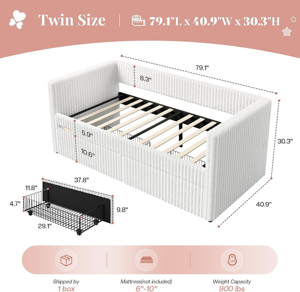 Cream Faux Fur Twin Daybed Drawers Charging Station
