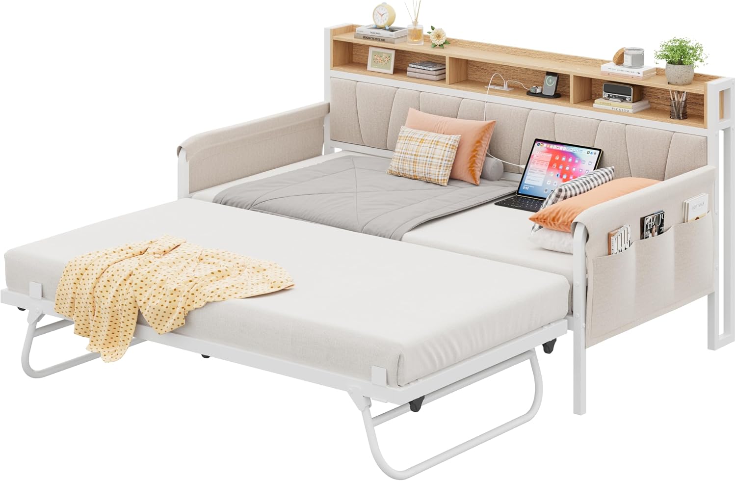 White Upholstered Daybed Trundle Charging Station