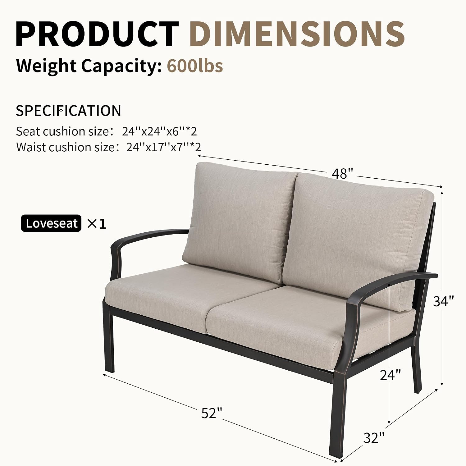 Dark Bronze Aluminum Loveseat Thick Outdoor Cushions