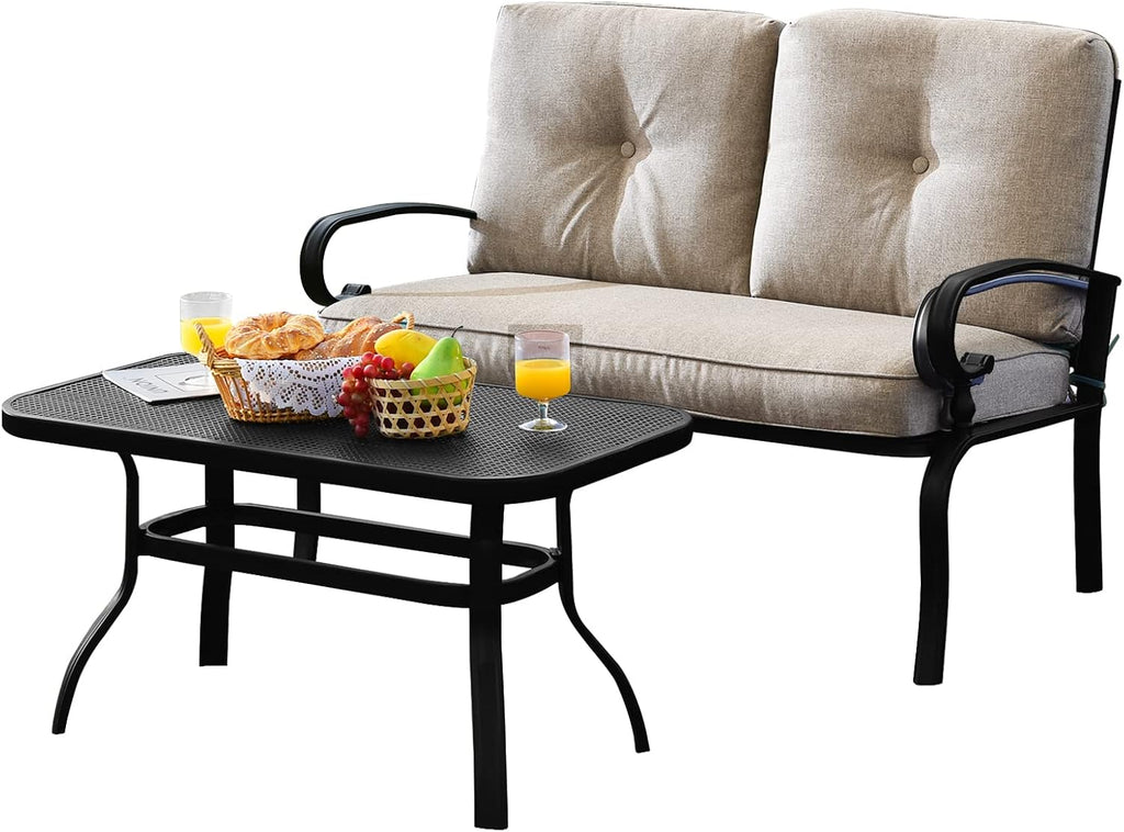 Beige Patio Loveseat Coffee Table Cushioned Set