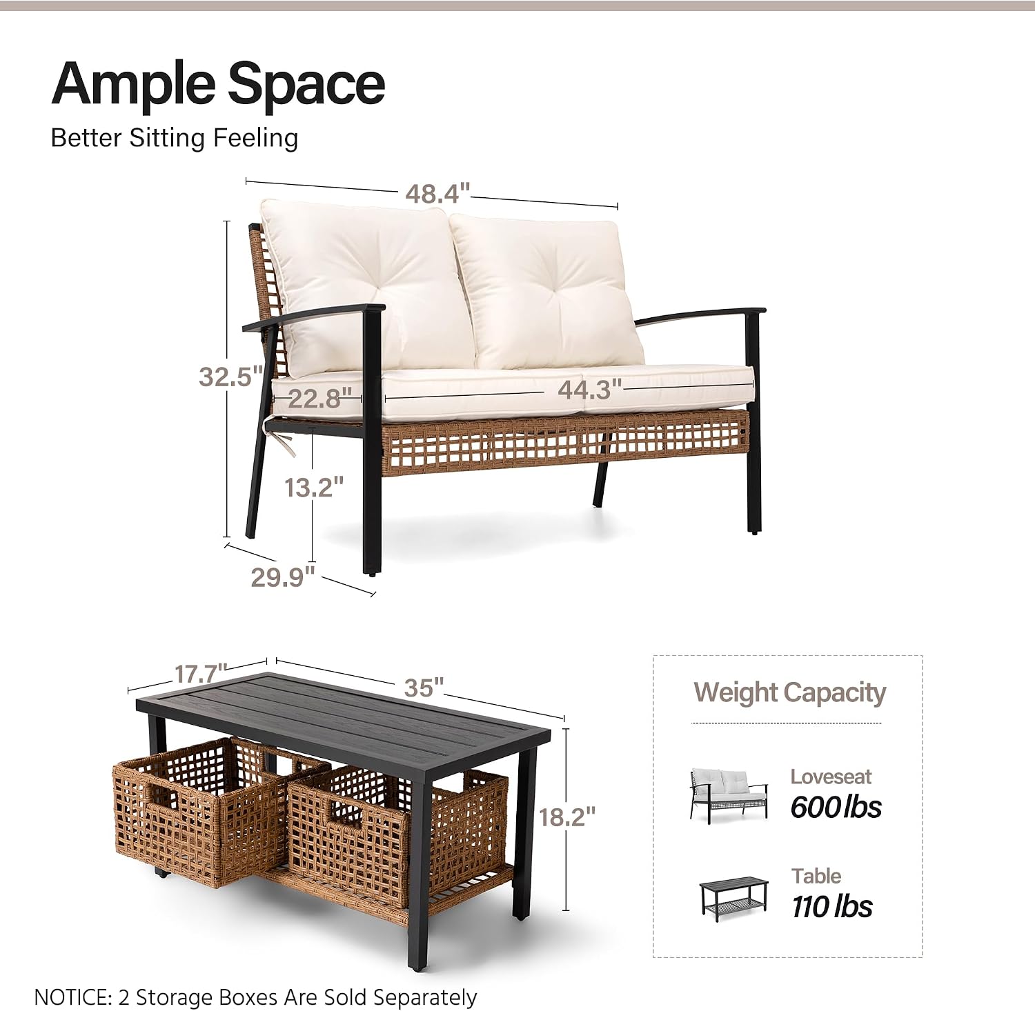 Beige Wicker Patio Loveseat Coffee Table Set