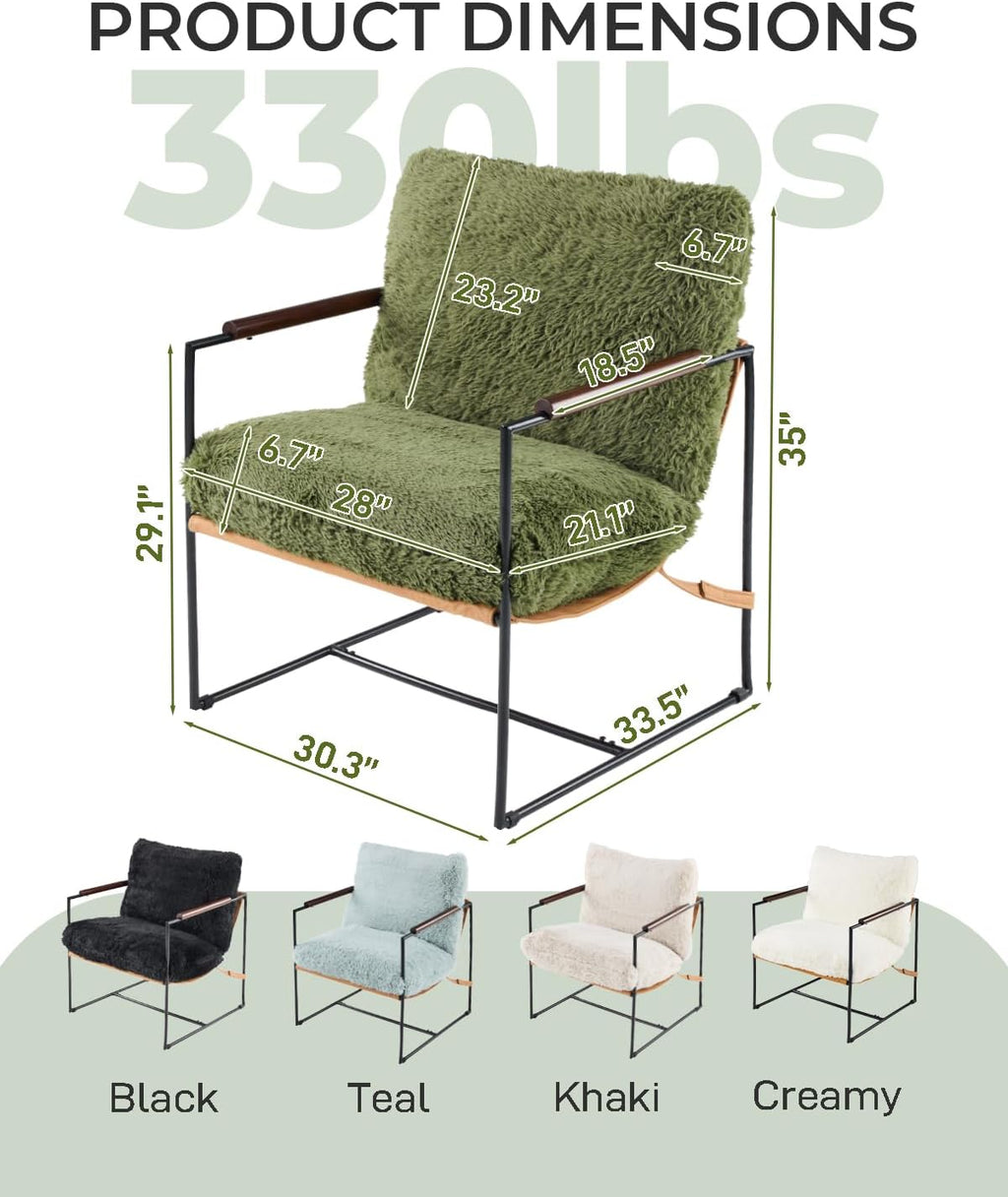 Green Fleece Accent Chair Wood Padded Armrest