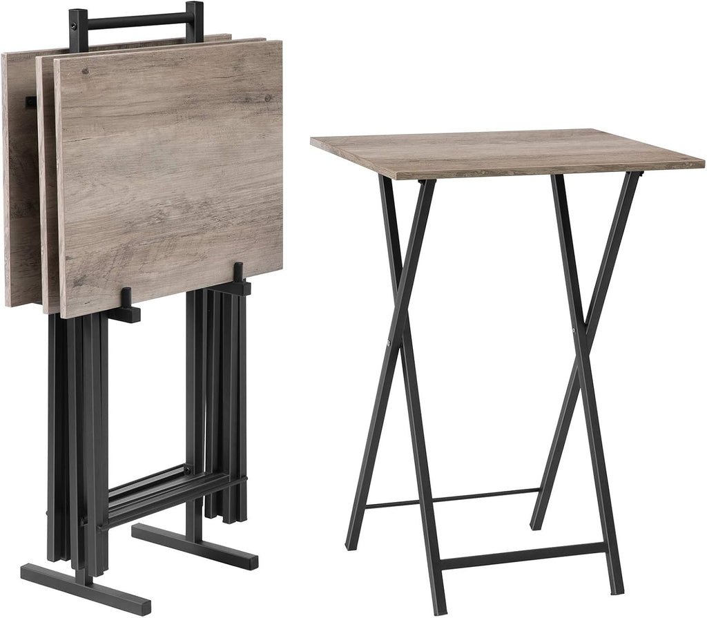 Four Greige Black Folding TV Tray Tables Rack