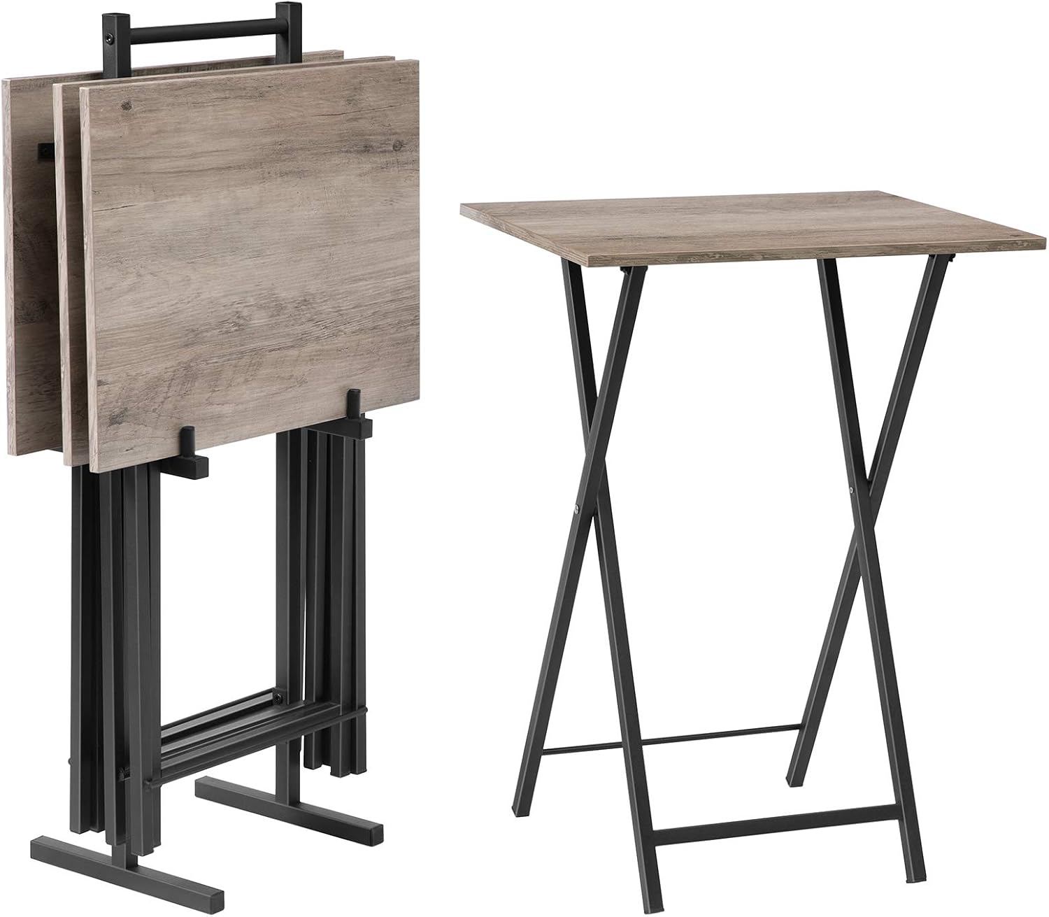 Four Greige Black Folding TV Tray Tables Rack