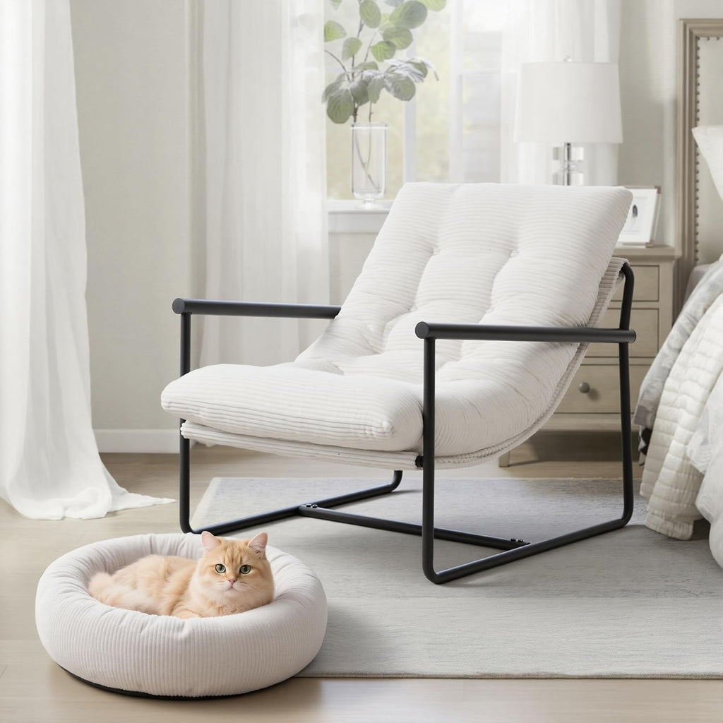 Beige Upholstered Metal Frame Accent Chair
