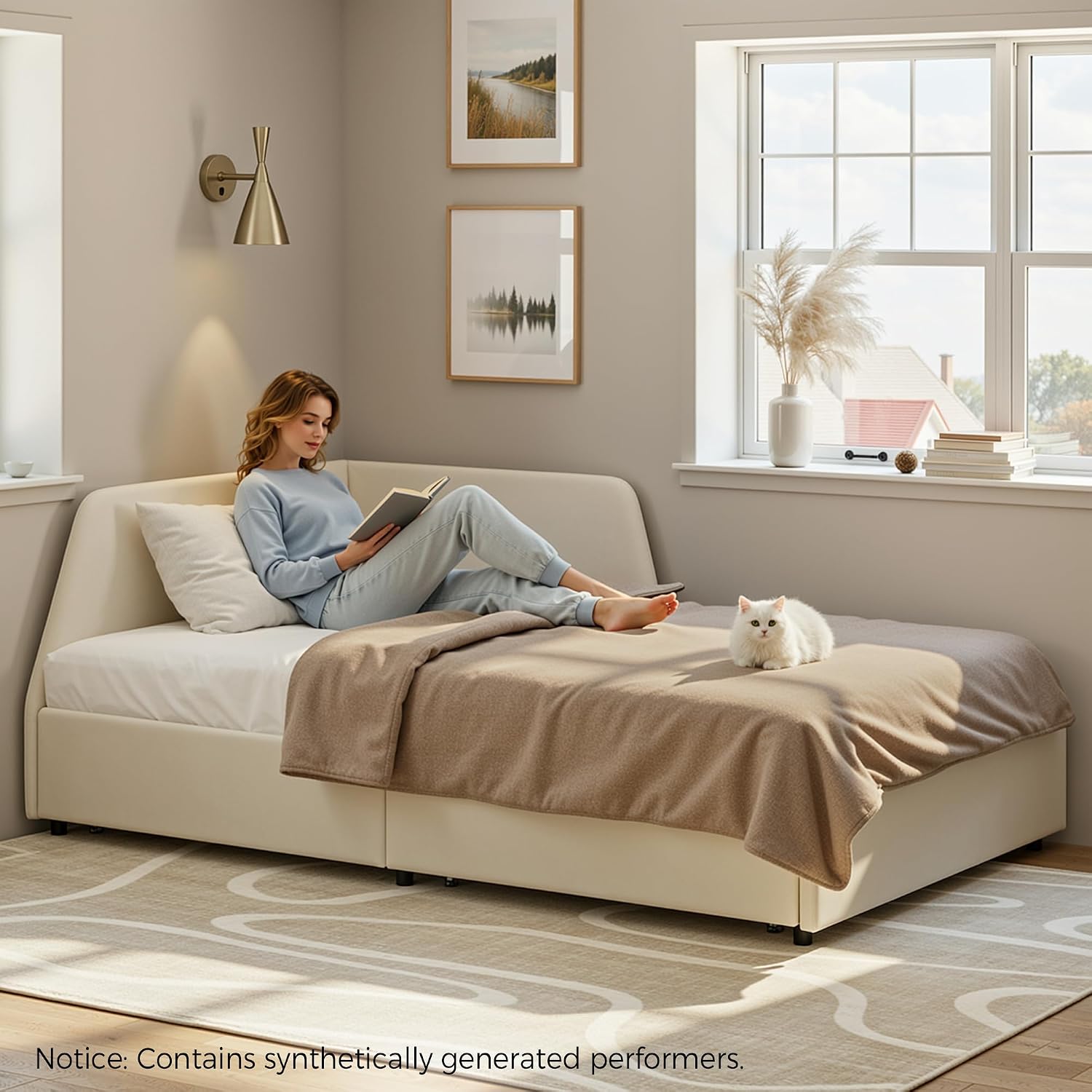 Beige Upholstered Twin Corner Daybed Two Drawers