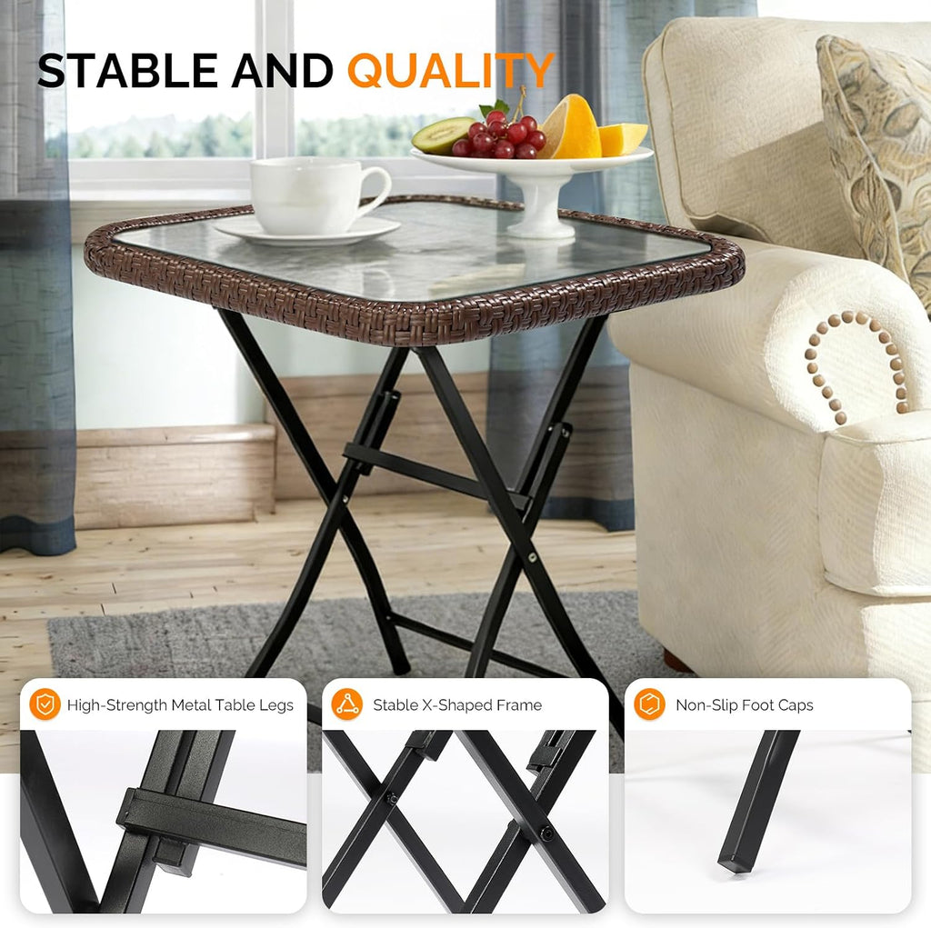Rattan Folding Glass Top Outdoor Side Table