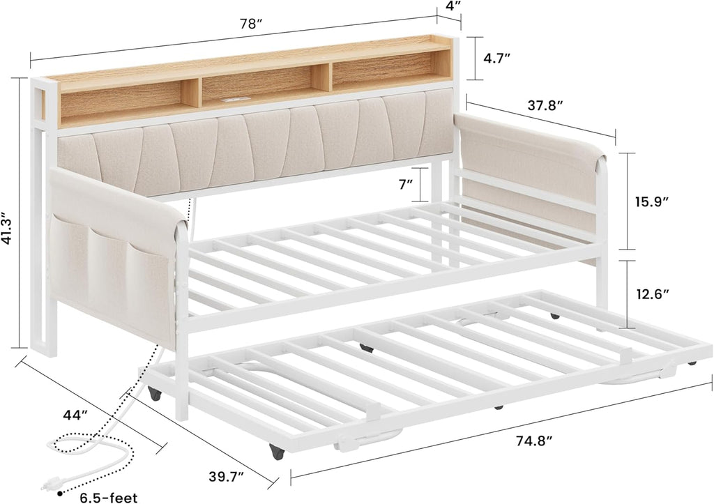 White Upholstered Daybed Trundle Charging Station