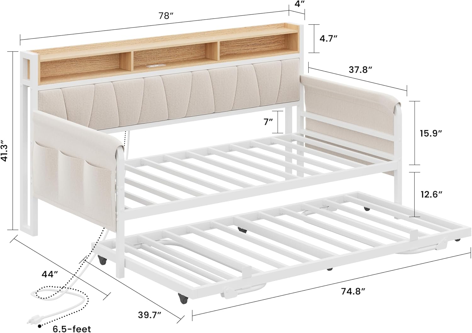 White Upholstered Daybed Trundle Charging Station