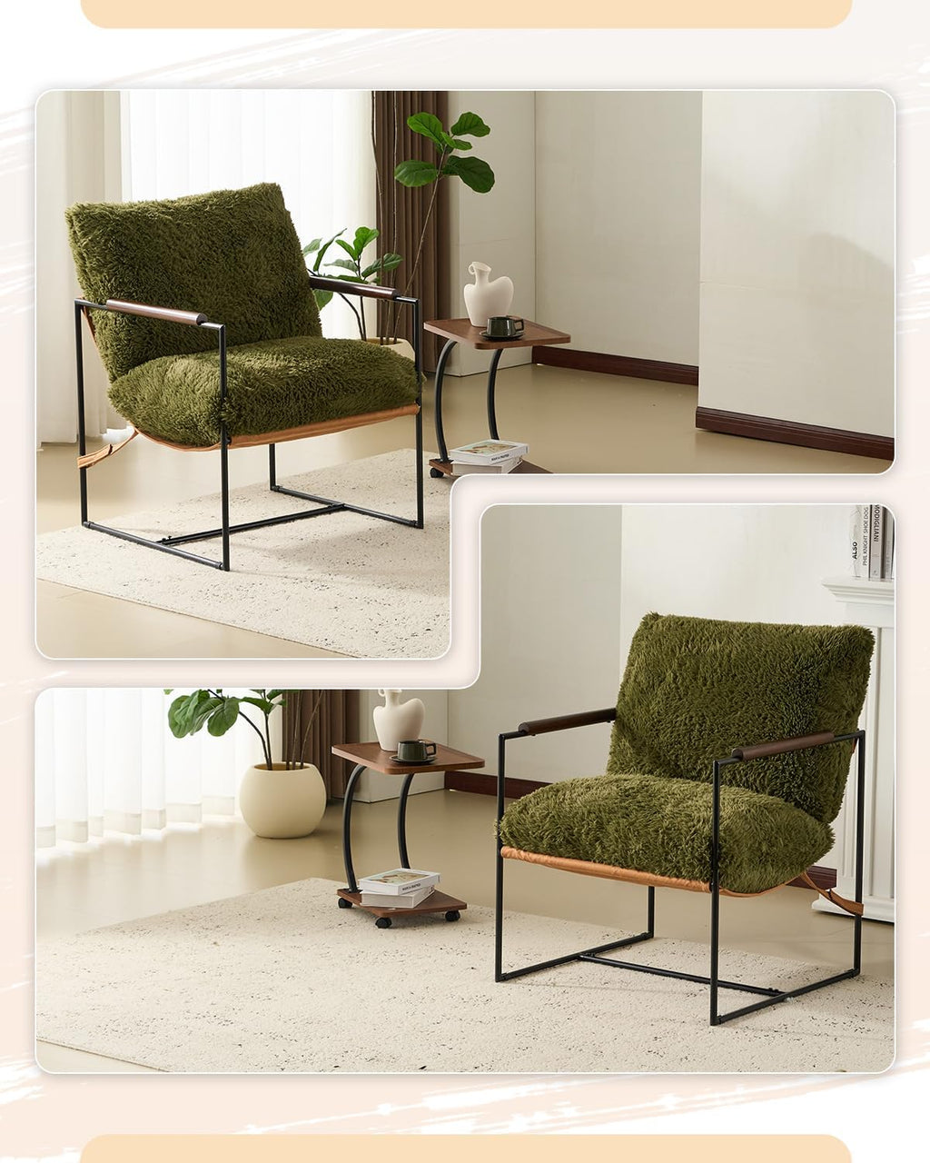 Green Fleece Accent Chair Wood Padded Armrest