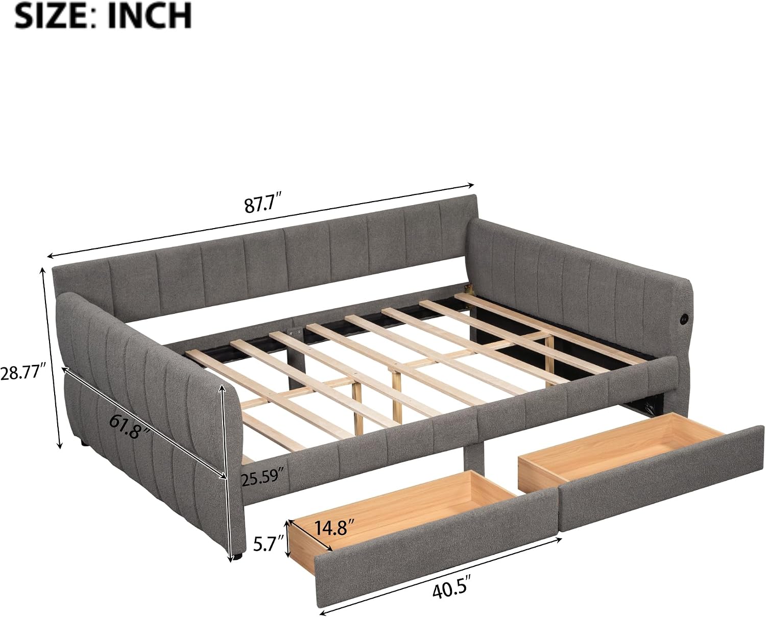 Gray Lambswool Queen Daybed Drawers USB Ports