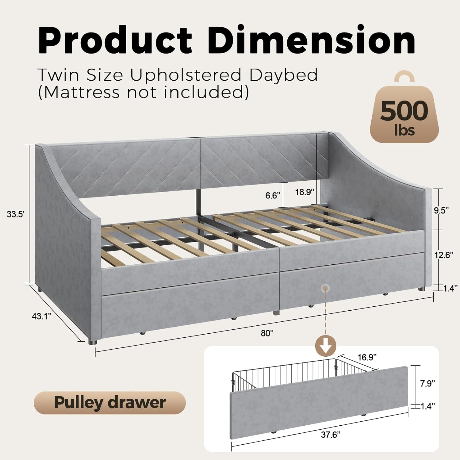 Upholstered Twin Daybed Drawers Charging Station