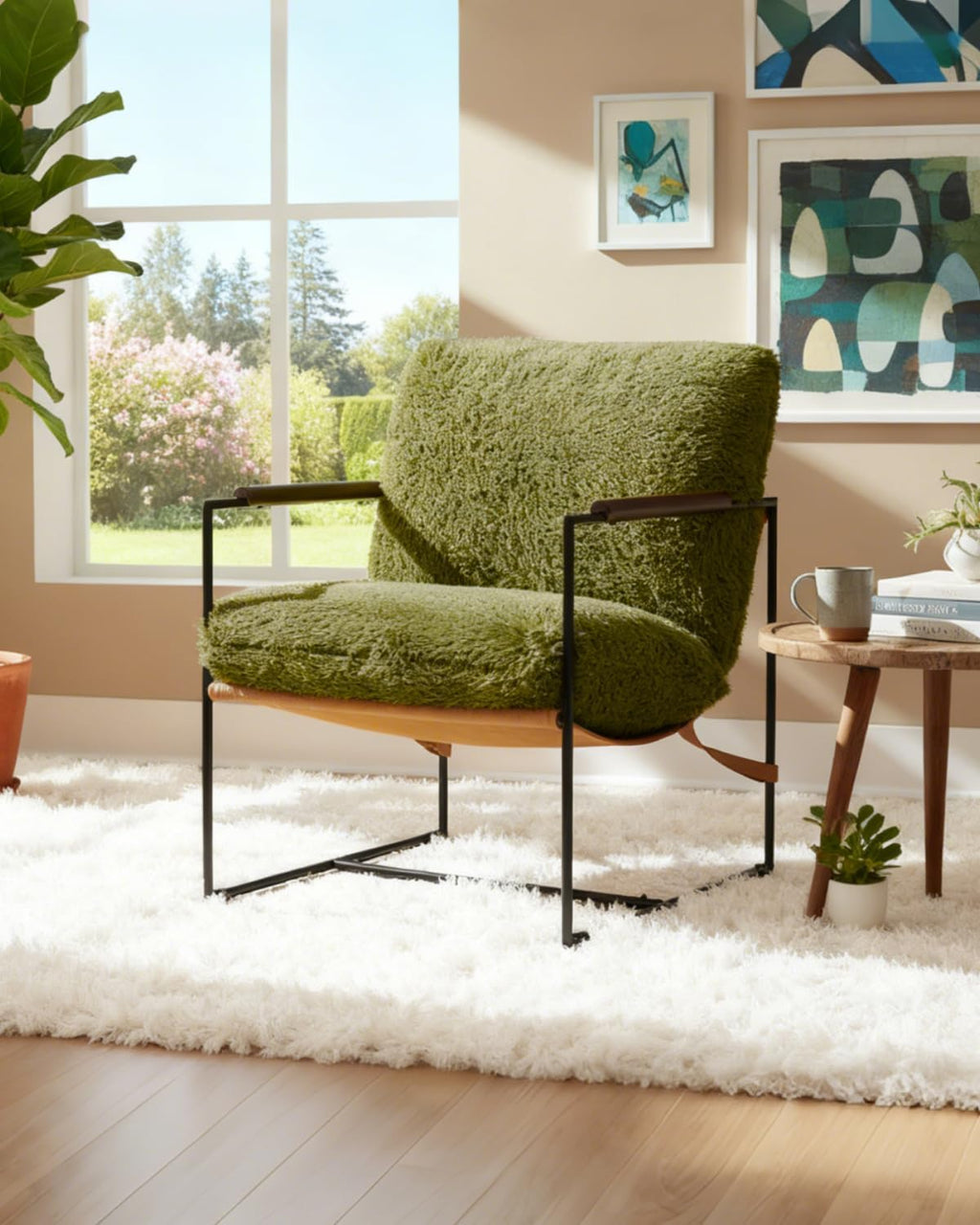 Green Fleece Accent Chair Wood Padded Armrest