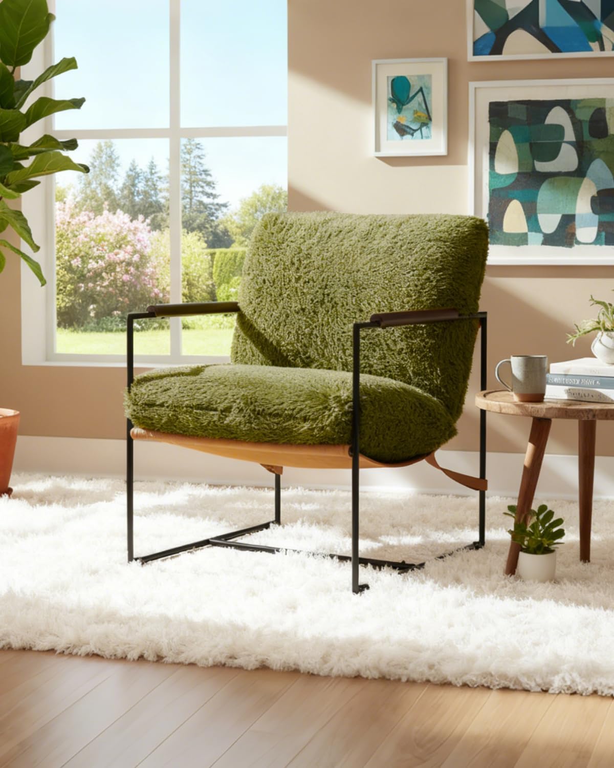 Green Fleece Accent Chair Wood Padded Armrest
