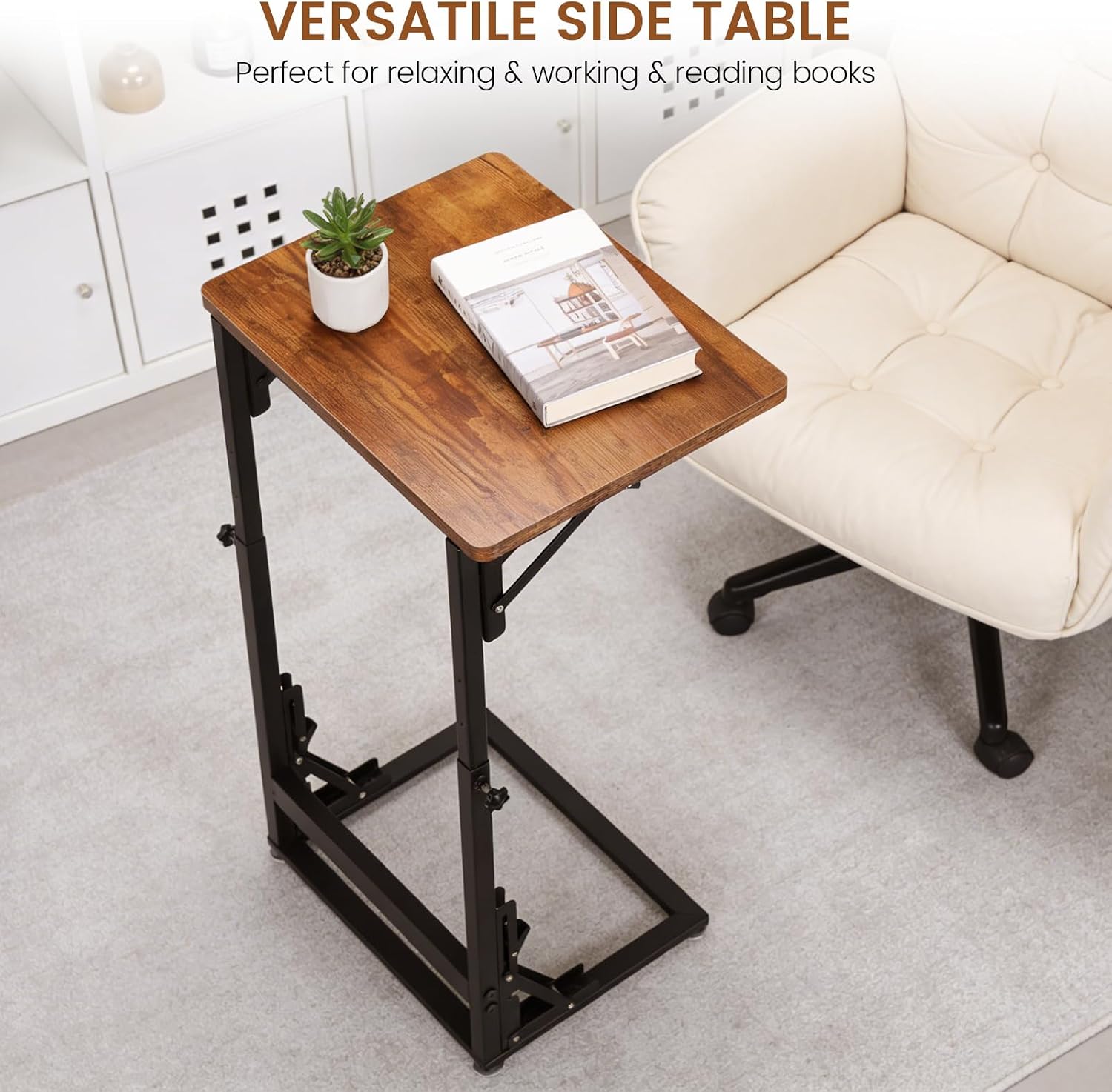 Adjustable C-Shaped Folding Side Table Brown