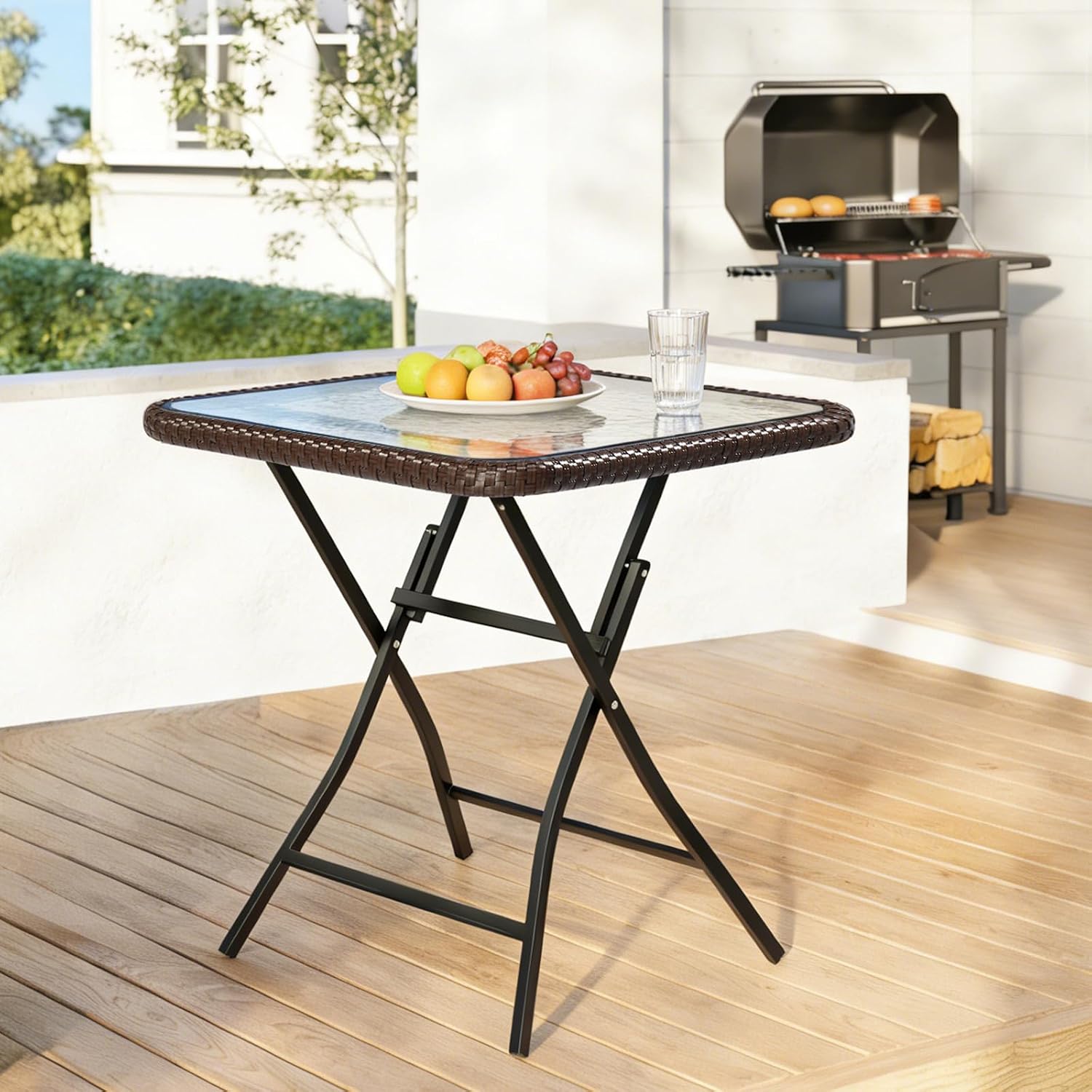 Rattan Folding Glass Top Outdoor Side Table