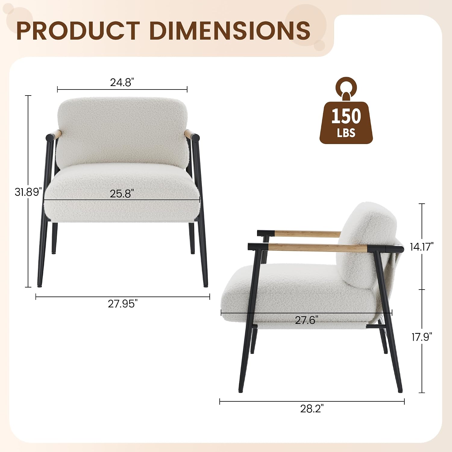 White Accent Chair Metal Frame Wood Armrest