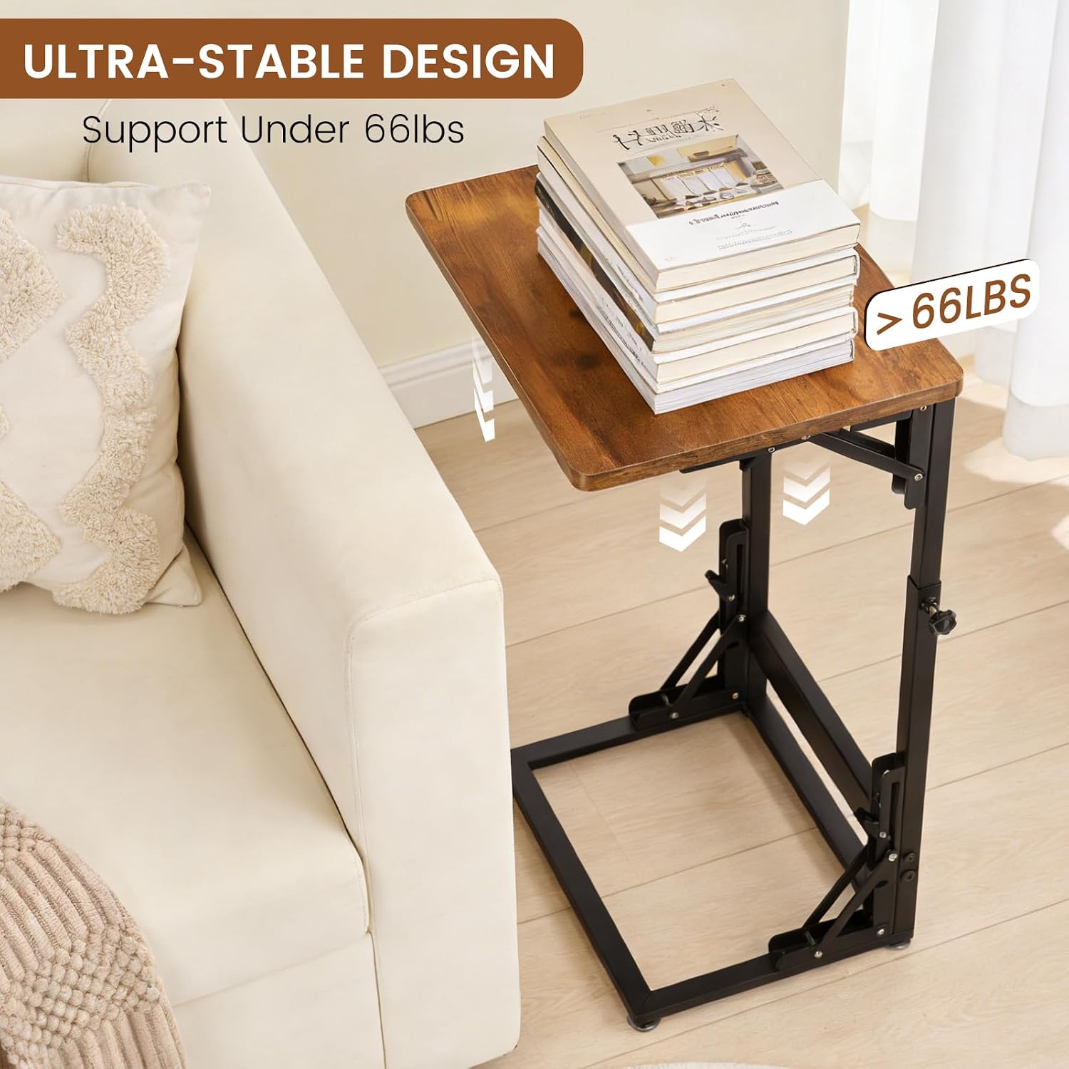 Adjustable C-Shaped Folding Side Table Brown