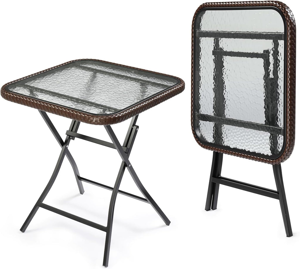 Rattan Folding Glass Top Outdoor Side Table