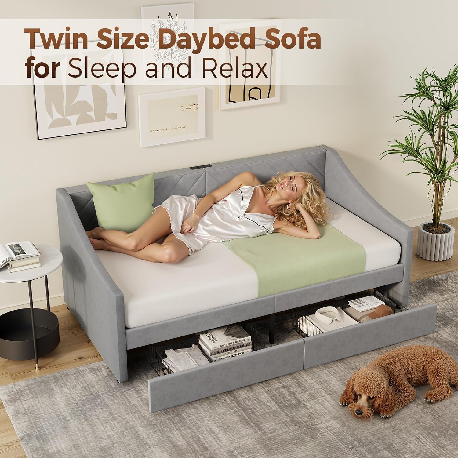 Upholstered Twin Daybed Drawers Charging Station