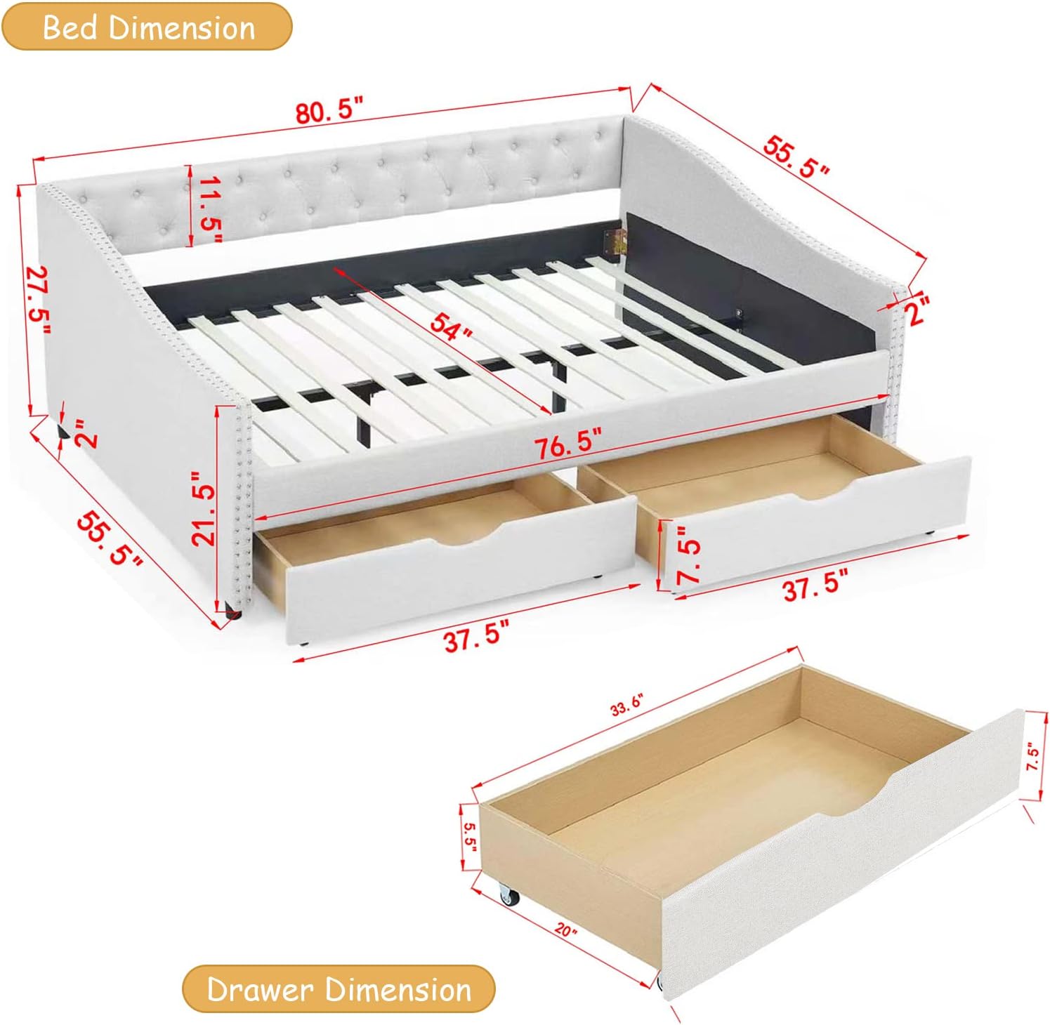 Beige Upholstered Daybed Frame Two Storage Drawers