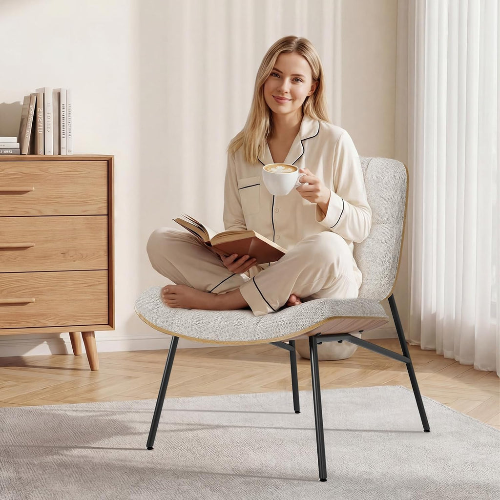 Beige Chenille Armless Chair Bentwood Metal Legs