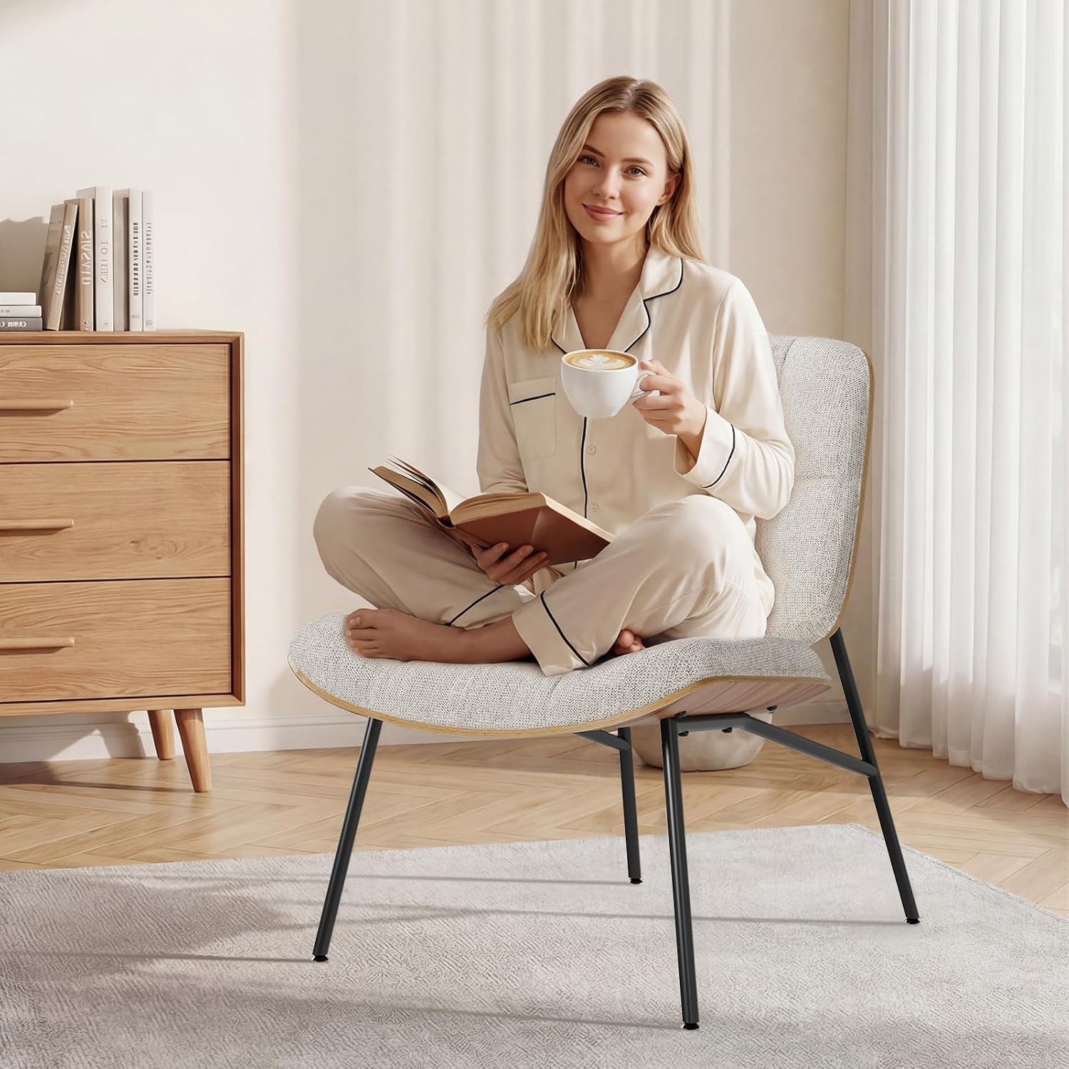Beige Chenille Armless Chair Bentwood Metal Legs