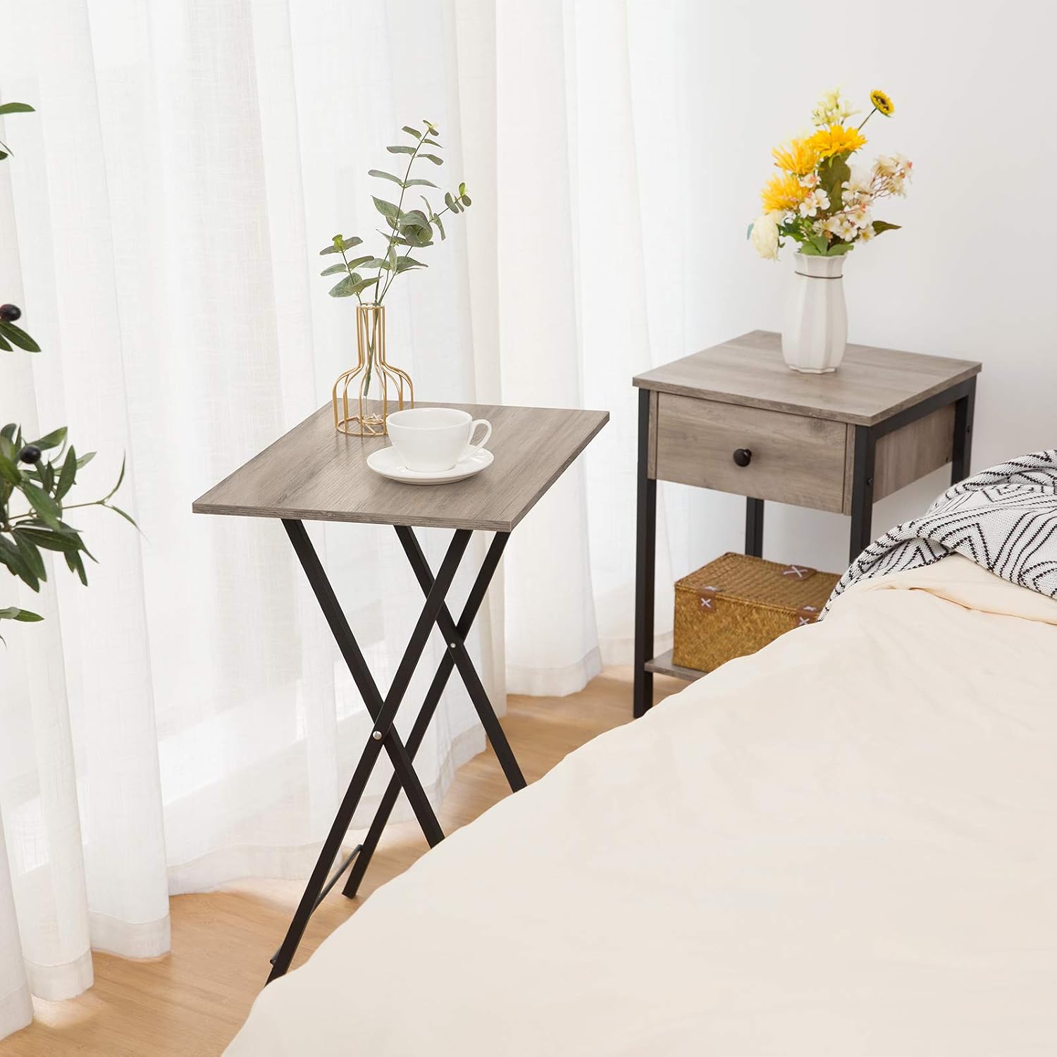 Four Greige Black Folding TV Tray Tables Rack
