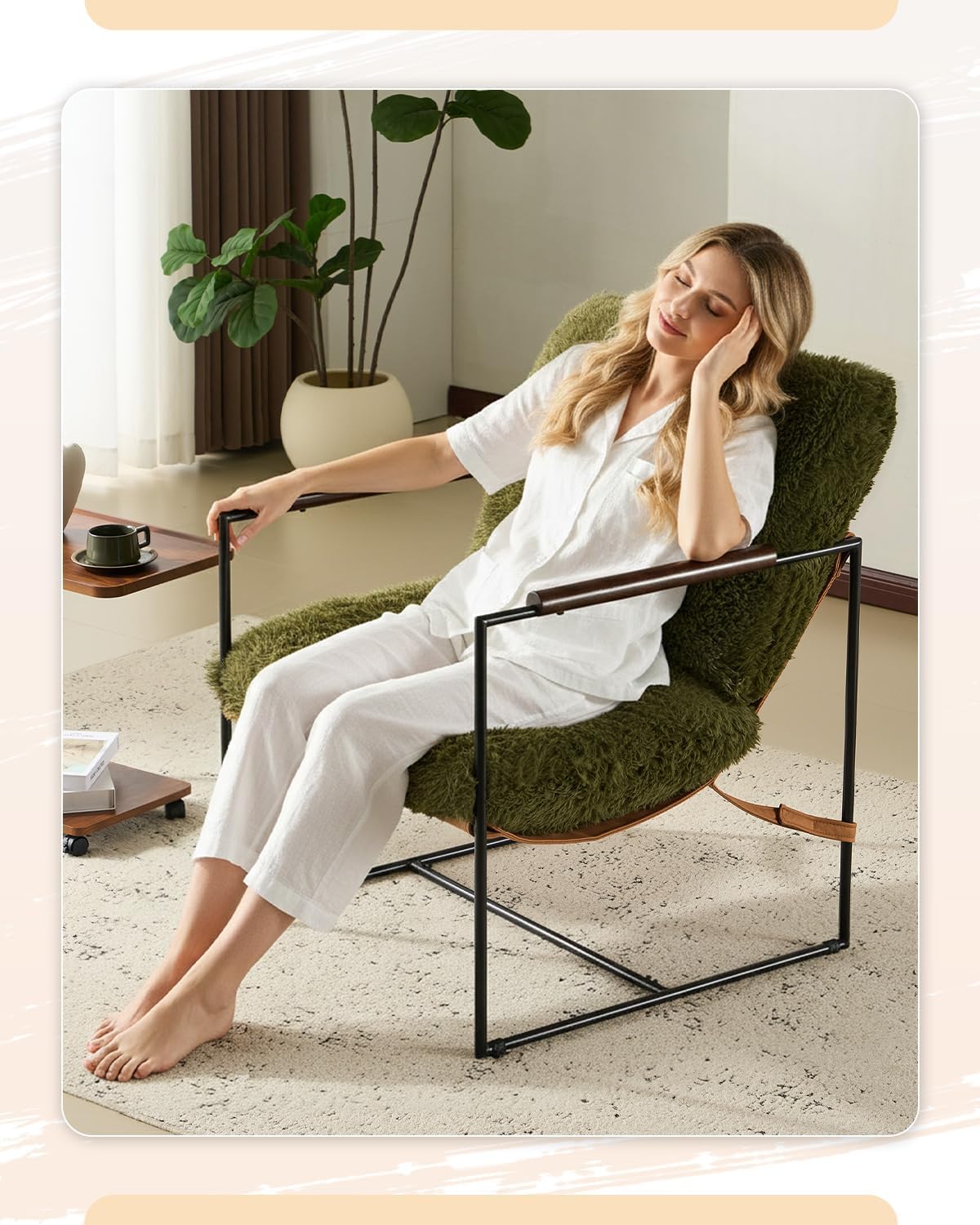 Green Fleece Accent Chair Wood Padded Armrest