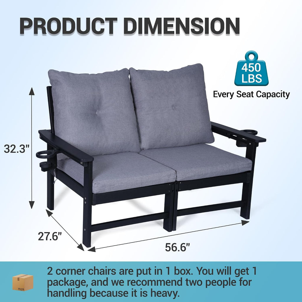 Black HDPE Loveseat Gray Cushions Cup Holder