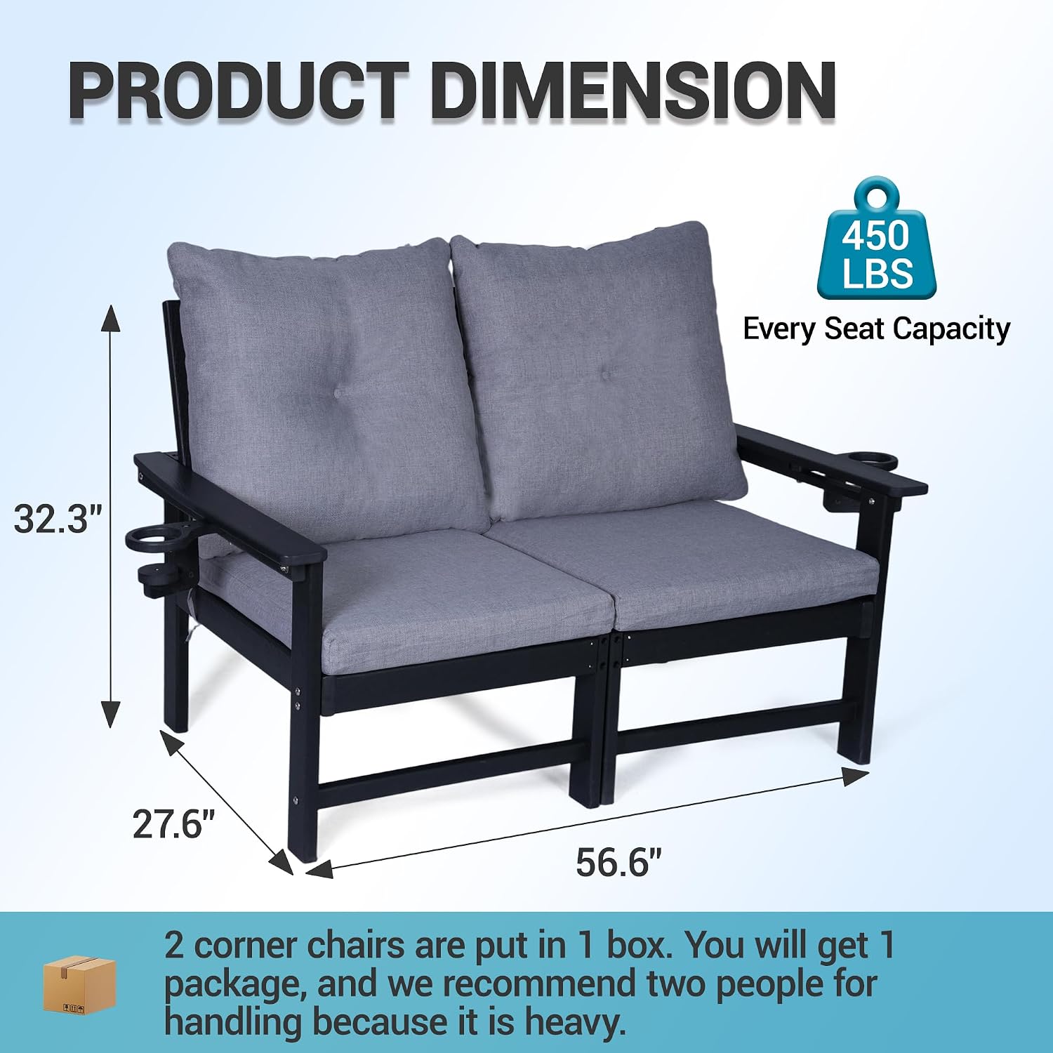 Black HDPE Loveseat Gray Cushions Cup Holder