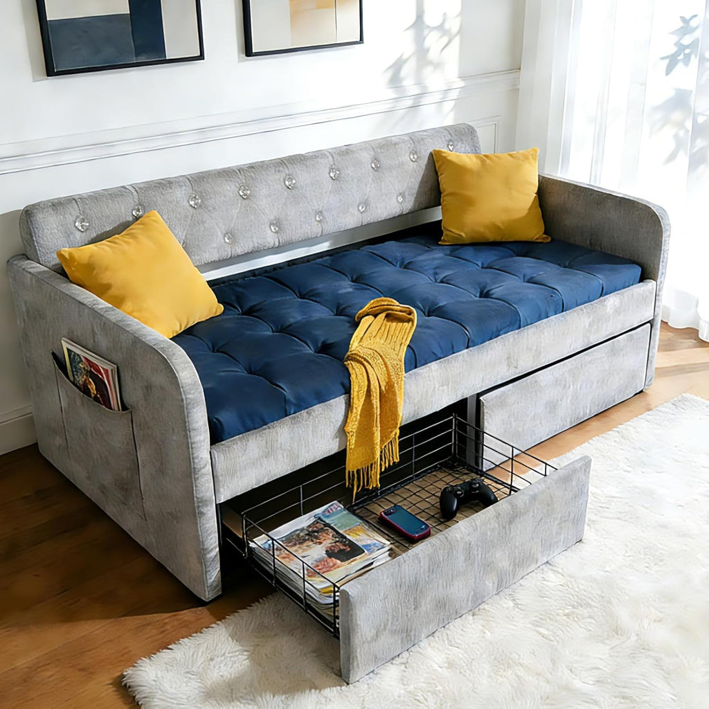 Gray Chenille Upholstered Twin Daybed Two Drawers