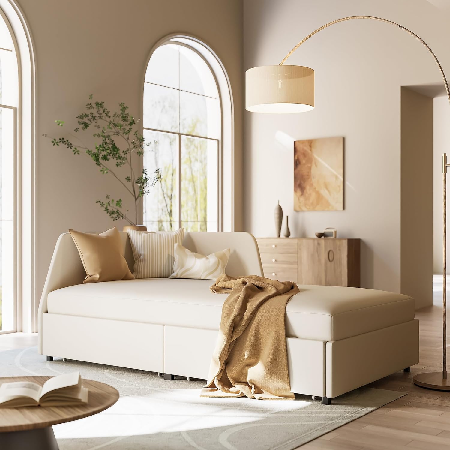Beige Upholstered Twin Corner Daybed Two Drawers