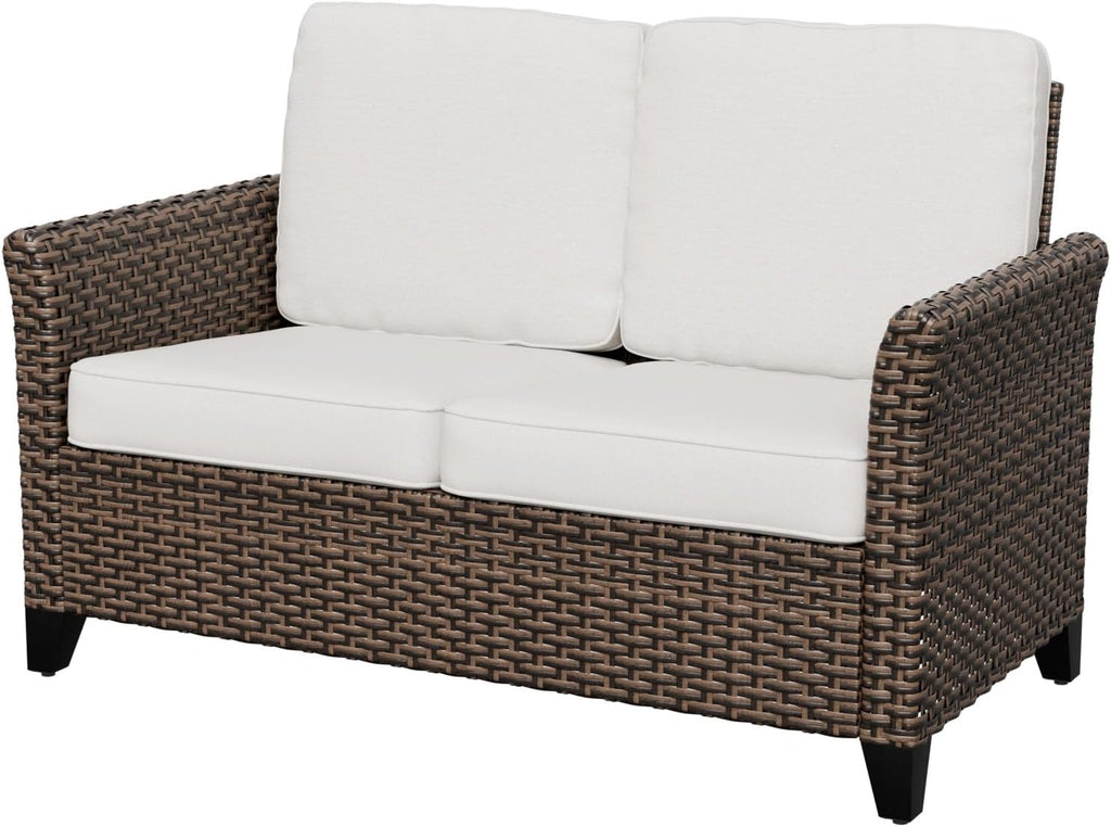 Brown Beige Wicker Loveseat Deep Patio Cushions