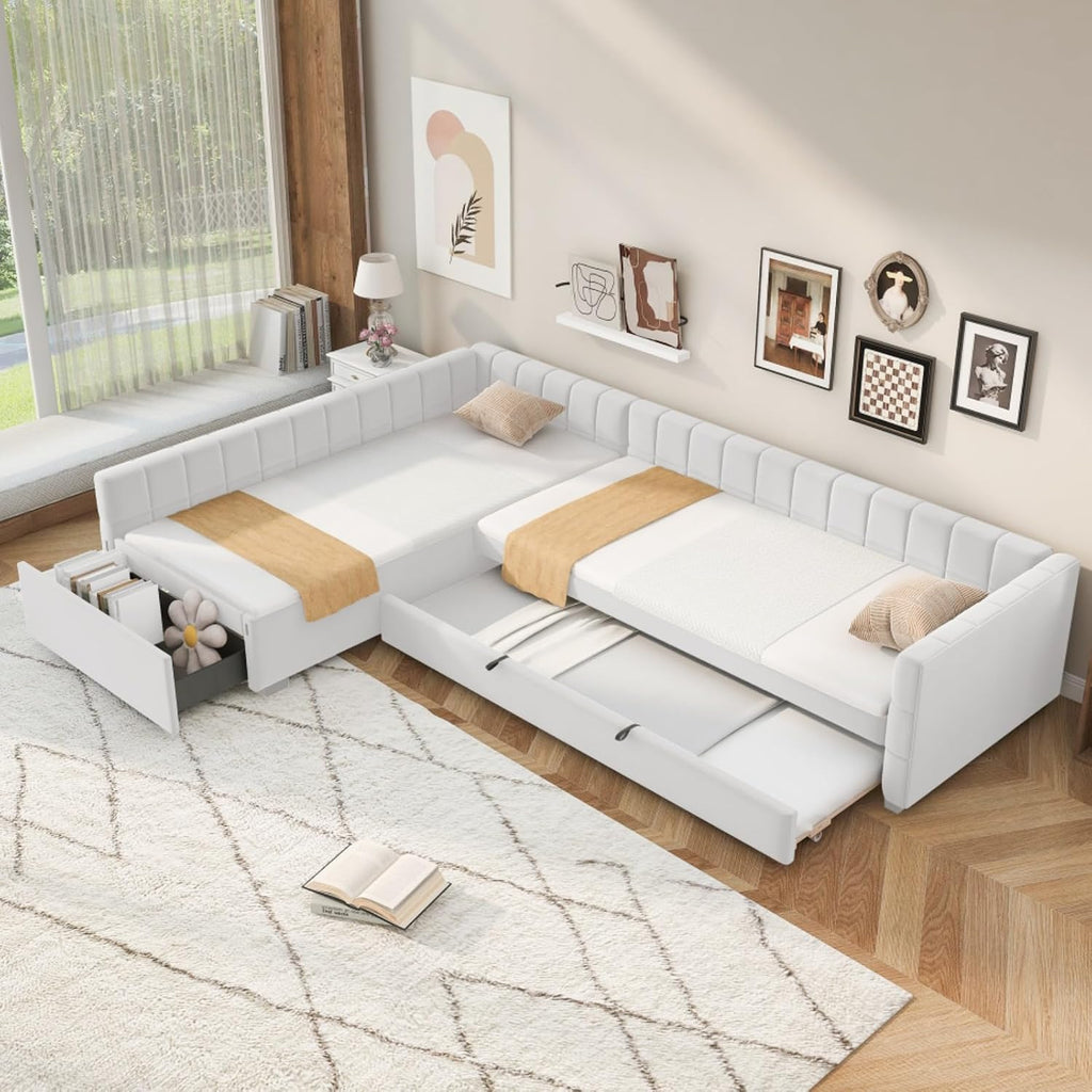Beige L-Shaped Twin Daybed Trundle Storage Drawer