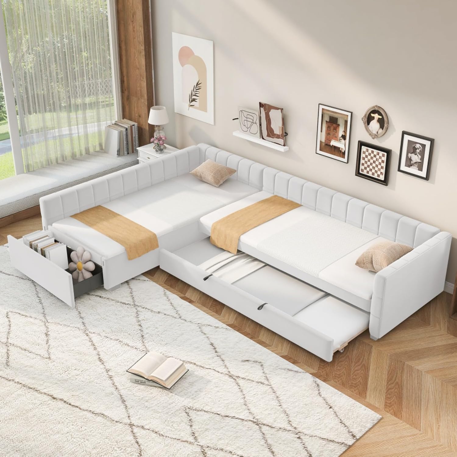Beige L-Shaped Twin Daybed Trundle Storage Drawer
